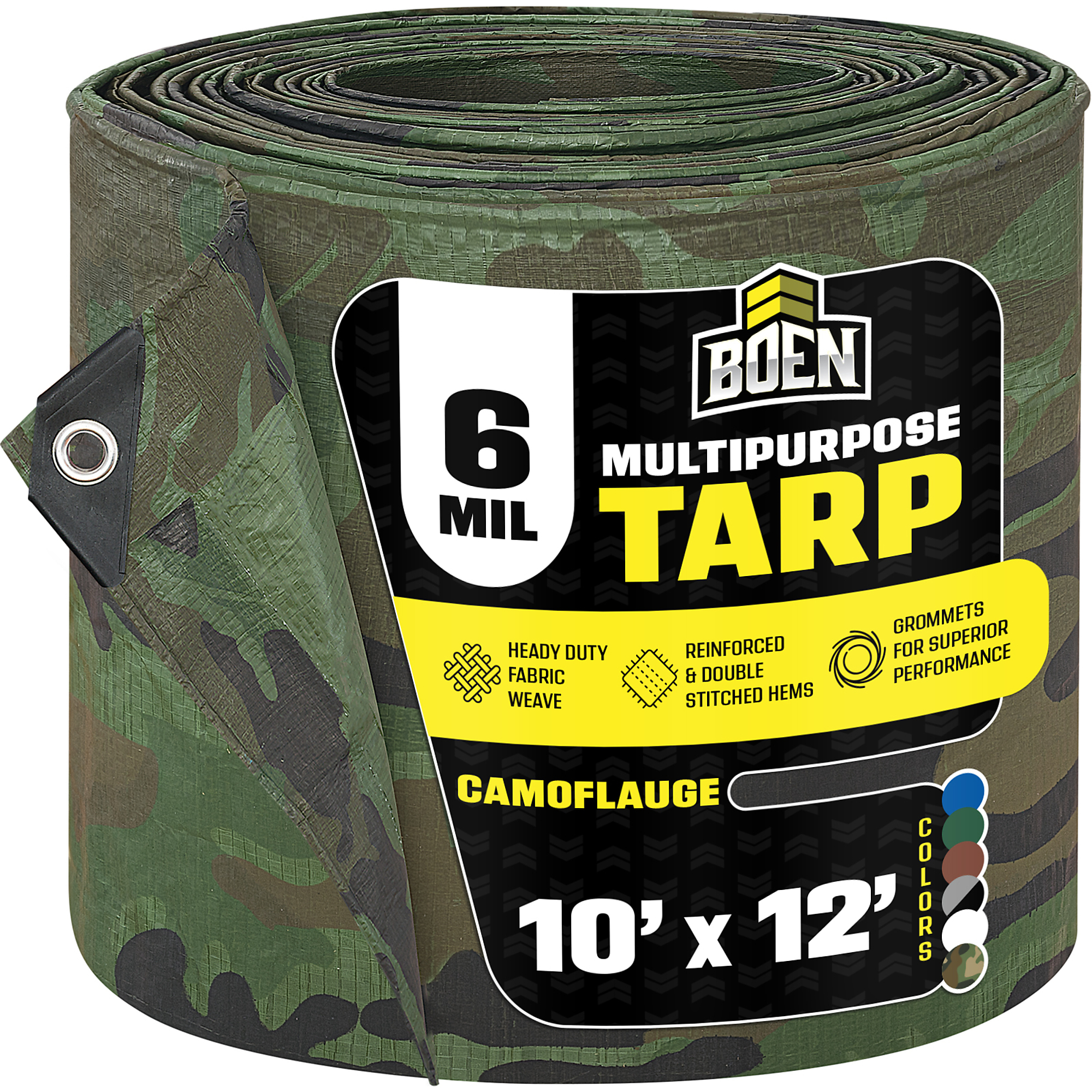 Boen 10 ft x 12 ft Camo Tarp, 6 Mil Thick Multi-Purpose Large Waterproof Cover, Rip Proof Tarps, Thick Weave Material, UV Resistant Great for Tarpaulin Canopy Tent, Boat, RV or Pool Cover